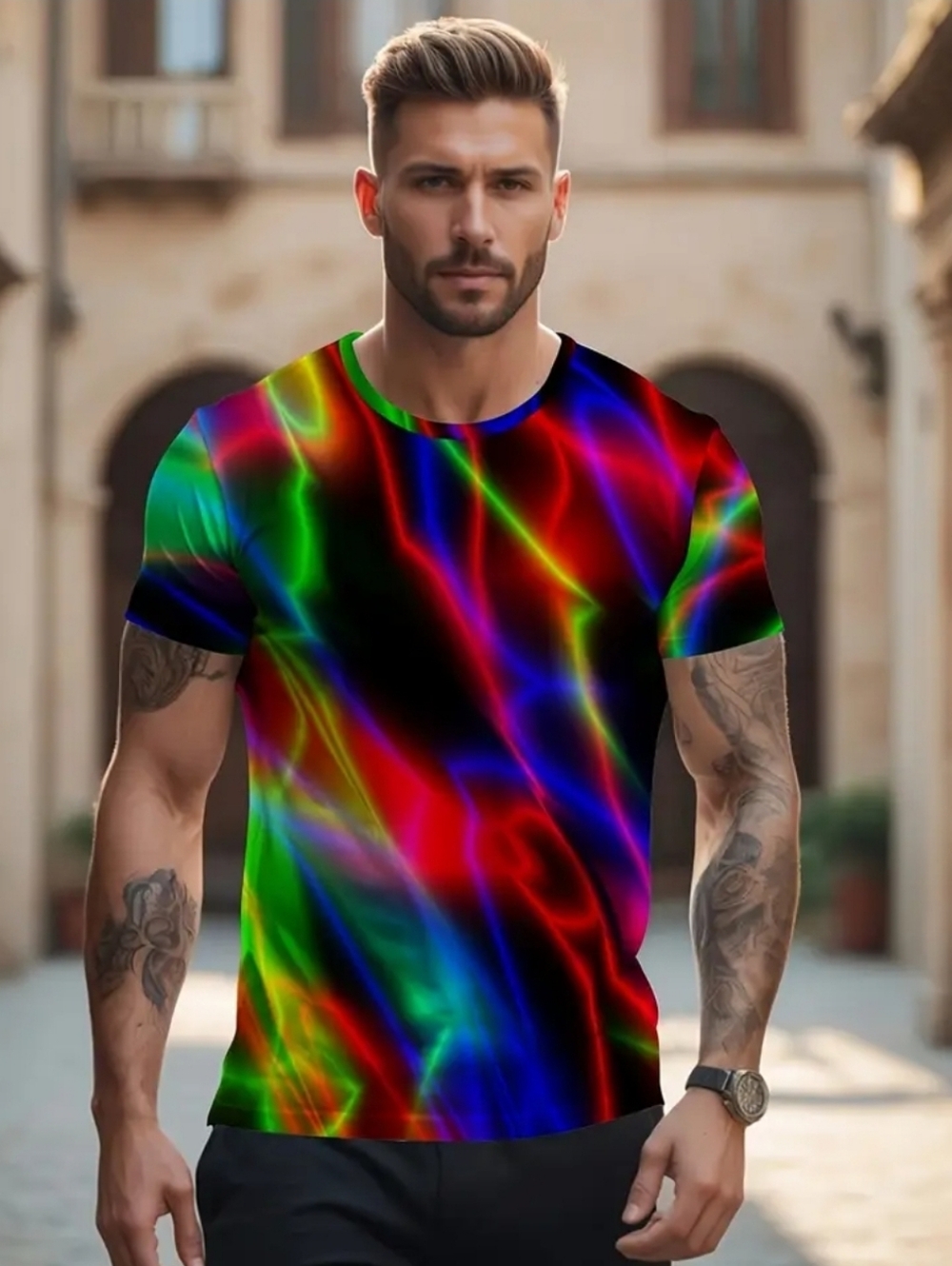 Mens Graphic Colorful 3d Short Sleeve Tee - Multicolor